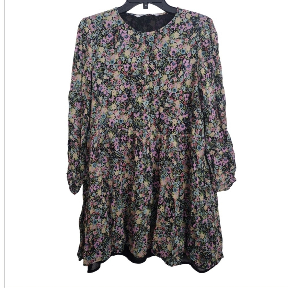 Zara Multicolor Floral Print rint Long Sleeve Babydoll Mini Dress Size Medium